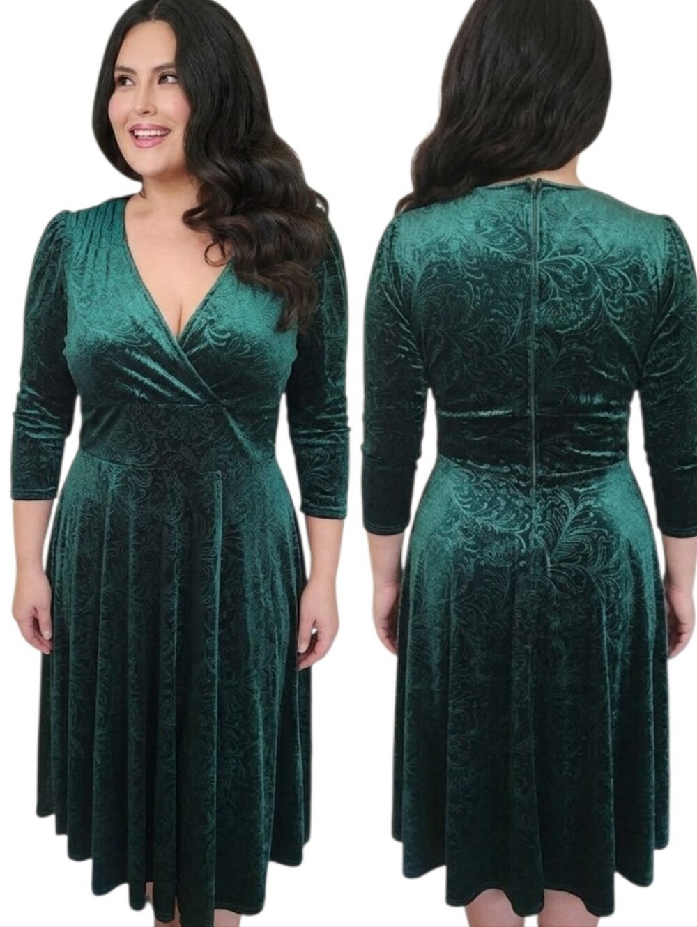 UNIQUE VINTAGE Green Velvet Scroll Swing Dress - Size 14